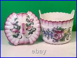 Antique Floral Hand Painted French Faience Lidded Butter Dish