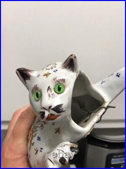 Antique France French Faience Cat Wall Pocket Statue Glass Eyes