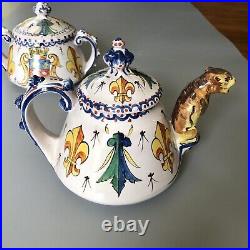 Antique French Alcide Chaumeil Fine Faience Teapot and Sugar Bowl