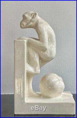 Antique French Art Deco 1920 Craquele Faience Bookends With Monkeys