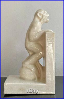 Antique French Art Deco 1920 Craquele Faience Bookends With Monkeys