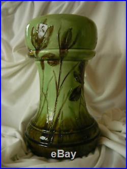 Antique French Art Nouveau Faience Majolica Pottery Albarello Vase Flower Green