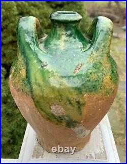 Antique French Art Pottery Earthenware Glaze Confit Vase Faience Pot Terracotta