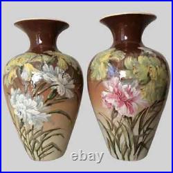 Antique French Barbotine Faience Vases with Floral Motif