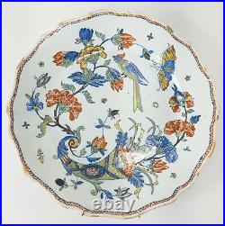Antique French Delft Polychrome Faience Decorative Plate Colorful Flowers