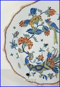 Antique French Delft Polychrome Faience Decorative Plate Colorful Flowers