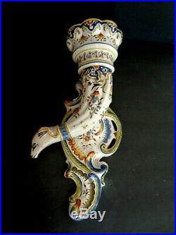 Antique French Desvres Rouen Majolica Quimper Large Ram Wall Pocket Faience