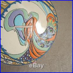 Antique French Enamel Pottery Tile Plaque Art Nouveau Deco Signed Faience Longwy