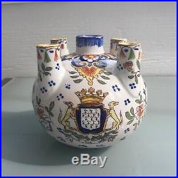 Antique French Faience 5 Finger Vase Hand Painted Rennes Brittany Maker's Mark