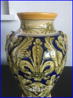 Antique French Faience Art Pottery Ceramic Vase With Fleur De Lis