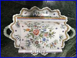 Antique French Faience Asparagus Server RARE Exc handpainted floral butterflies