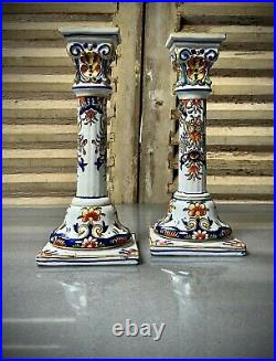 Antique French Faience Candlesticks, Pair. Desvres. Rouen Floral Motif. C1880
