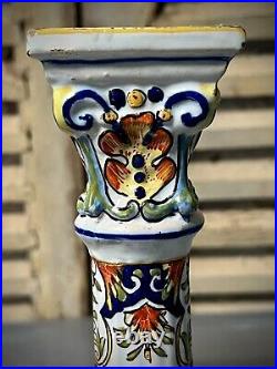 Antique French Faience Candlesticks, Pair. Desvres. Rouen Floral Motif. C1880