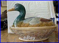 Antique French Faience Covered Duck Bowl. Sarreguemines. Utzchneider & Co