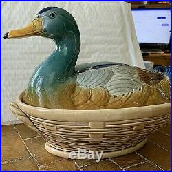 Antique French Faience Covered Duck Bowl. Sarreguemines. Utzchneider & Co