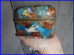 Antique French Faience Covered Trinket Box With Birds Tufted Interior