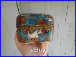 Antique French Faience Covered Trinket Box With Birds Tufted Interior