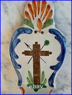 Antique French Faience Cross Handpainted Benetier Holy Water Wall Font 19th C