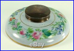 Antique French Faience Desktop Inkwell Ink Well w. Sterling Silver Lid