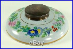 Antique French Faience Desktop Inkwell Ink Well w. Sterling Silver Lid