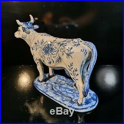 Antique French Faience Desvres Fourmaintraux Blue & White Cow Glass Eyes Bull