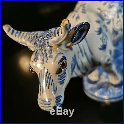 Antique French Faience Desvres Fourmaintraux Blue & White Cow Glass Eyes Bull