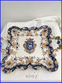 Antique French Faience Desvres Rouen Freres Lannion 1800s Tray 9+ Handles Plate