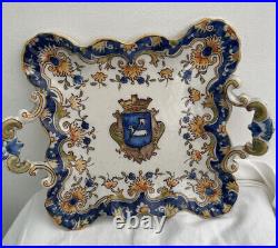 Antique French Faience Desvres Rouen Freres Lannion 1800s Tray 9+ Handles Plate