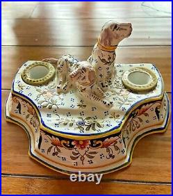 Antique French Faience Double Inkwell Dog Hound Marked
