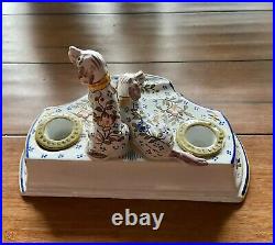 Antique French Faience Double Inkwell Dog Hound Marked