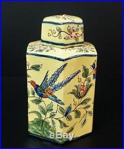 Antique French Faience Ground Yellow Hand Painted Pottery Tea Caddy Bottle