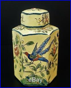 Antique French Faience Ground Yellow Hand Painted Pottery Tea Caddy Bottle