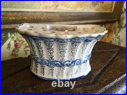 Antique French Faience Hand Painted Flower Bulb Tulipiere Pottery Pot Blue & Wht