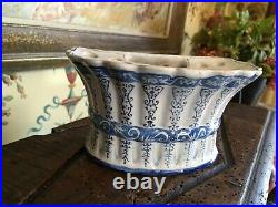 Antique French Faience Hand Painted Flower Bulb Tulipiere Pottery Pot Blue & Wht