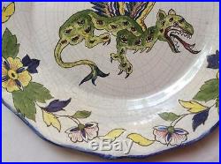 Antique French Faience Hand Painted Winged Dragon Plate and Floral Rim
