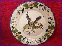 Antique French Faience Hand Painted Winged Dragon Plate and Floral Rim