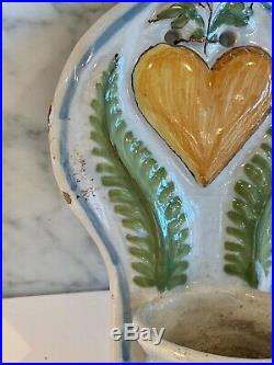 Antique French Faience Heart Handpainted Benetier Holy Water Wall Font 19th C