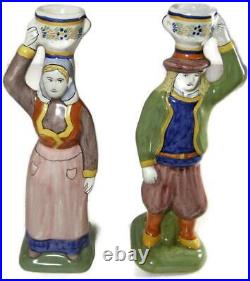 Antique French Faience Henriot Quimper Figural Man & Woman Candlestick Pair