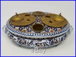 Antique French Faience Inkwell Stand Pottery with Brass/Bronze Fittings Inserts