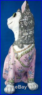 Antique French Faience Large Pink Galle Cat Glass Eyes Signed