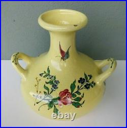 Antique French Faience Majolica Art Pottery Hand Painted Yellow Ground Vase