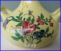 Antique French Faience Majolica Art Pottery Hand Painted Yellow Ground Vase