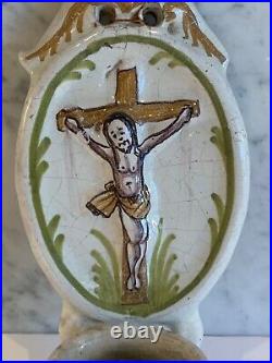Antique French Faience Oval Handpainted Benetier Holy Water Wall Font 19th C