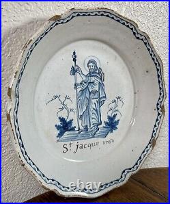 Antique French Faience Plate St Saint James 18th Century Tin Glaze Delft Dish
