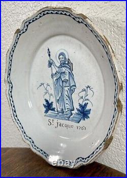 Antique French Faience Plate St Saint James 18th Century Tin Glaze Delft Dish