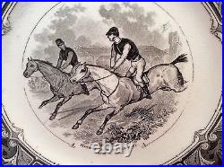 Antique French Faience Plate c. 1856, Black on White, Riding Horses