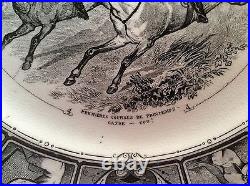 Antique French Faience Plate c. 1856, Black on White, Riding Horses