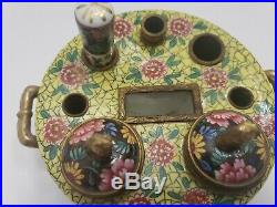 Antique French Faience Polychrome Porcelain Inkwell Stand Bronze Fittings 2x5.5