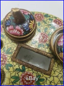 Antique French Faience Polychrome Porcelain Inkwell Stand Bronze Fittings 2x5.5