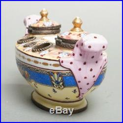 Antique French Faience Polychrome Porcelain Inkwell Stand Bronze Fittings 8.25